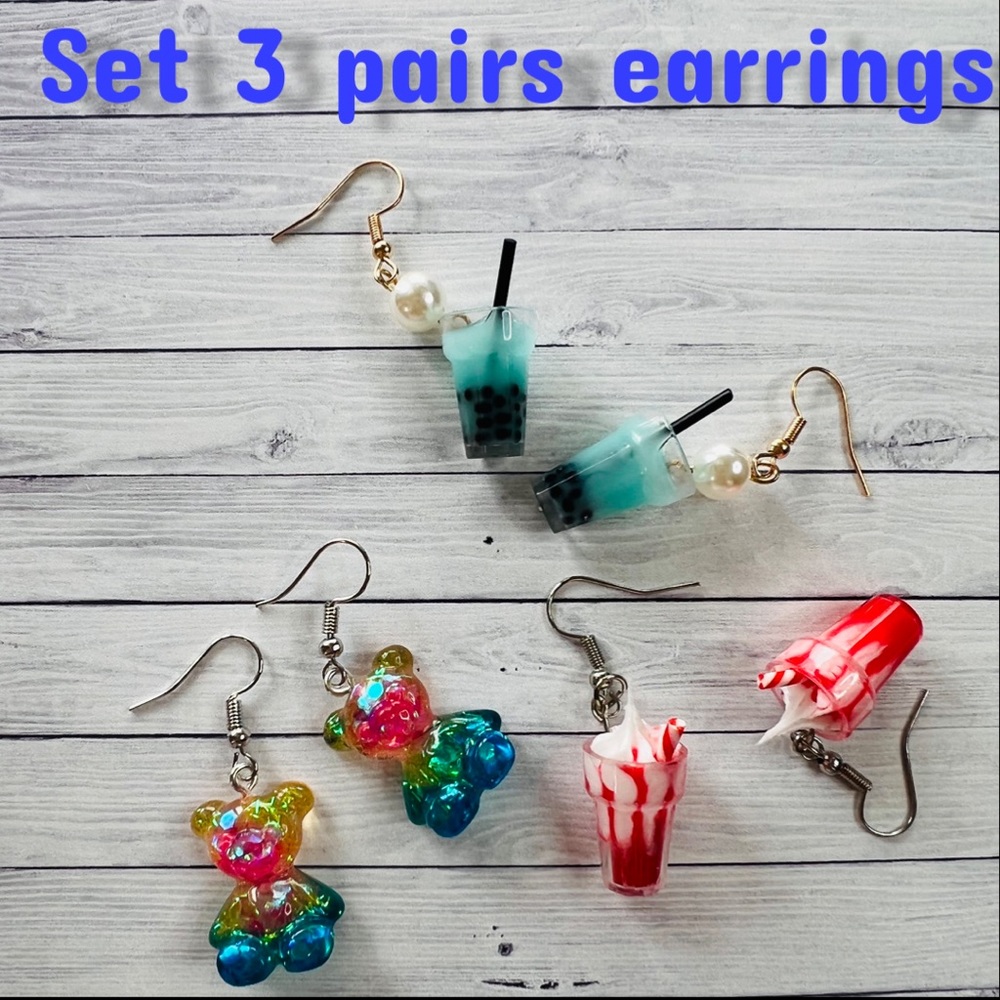 NEW WOMENS EARRINGS HAND MADE , TODDLER MILK ,ICE CREAM & Bear SET 3 PAIRS
